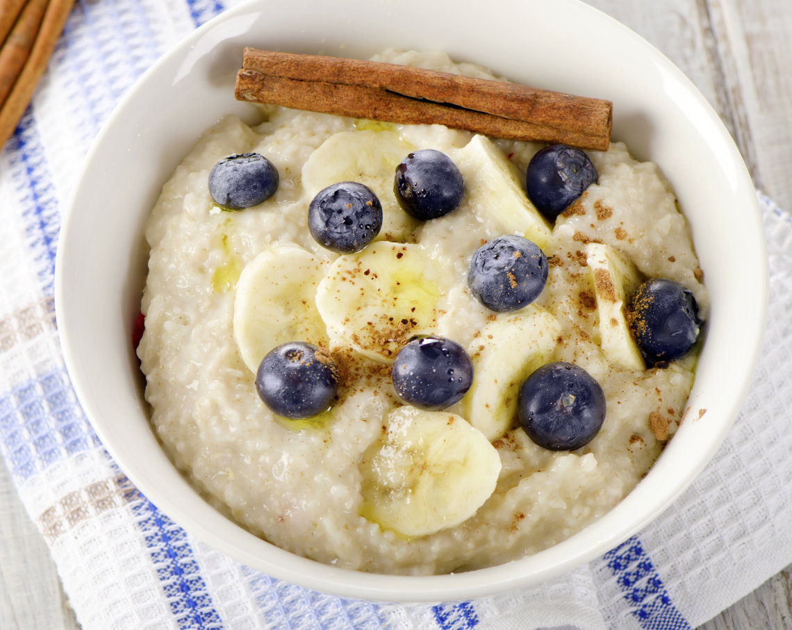 Oatmeal with fresh blueberries for a Breakfast. Selective Focus